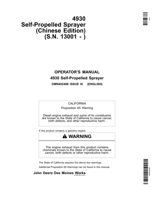 John Deere 4930 Self-Propelled Sprayer (Export Edition) (013001-) Operator’s Manual (OMN402488) Workshop Guide