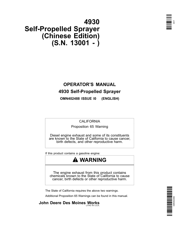 John Deere 4930 Self-Propelled Sprayer (Export Edition) (013001-) Operator’s Manual (OMN402488) Workshop Guide