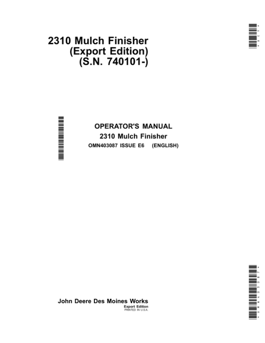 John Deere 2310 Mulch Finishers (Export Edition) Operator’s Manual (OMN403087) Workshop Guide