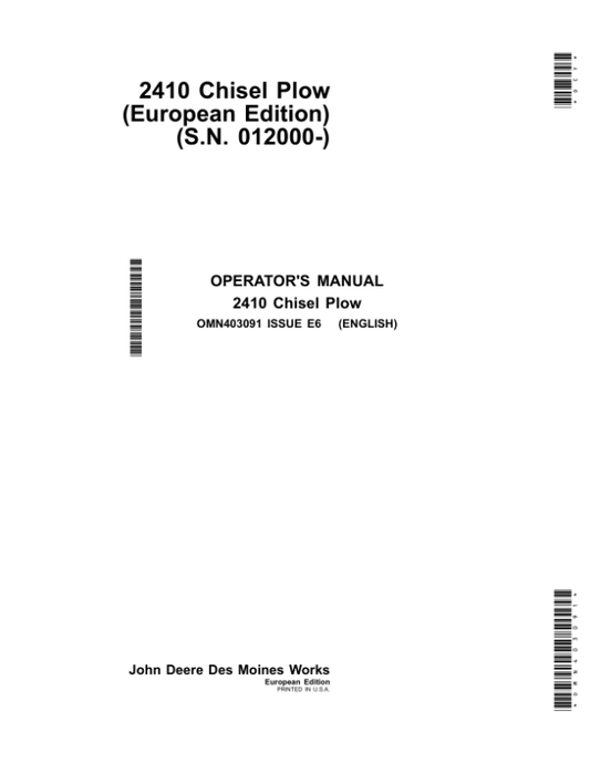John Deere 2410 Chisel Plow (European Edition) Operator’s Manual (OMN403091) Workshop Guide