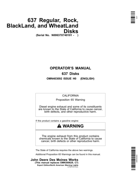 John Deere 637 Regular, Rock, BlackLand, WheatLand Disks Operator’s Manual (OMN403092) Workshop Guide
