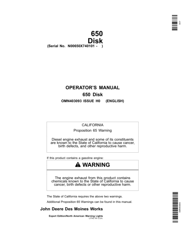 John Deere 650 Tandem Flex-Fold Disk Operator’s Manual (OMN403093) Workshop Guide