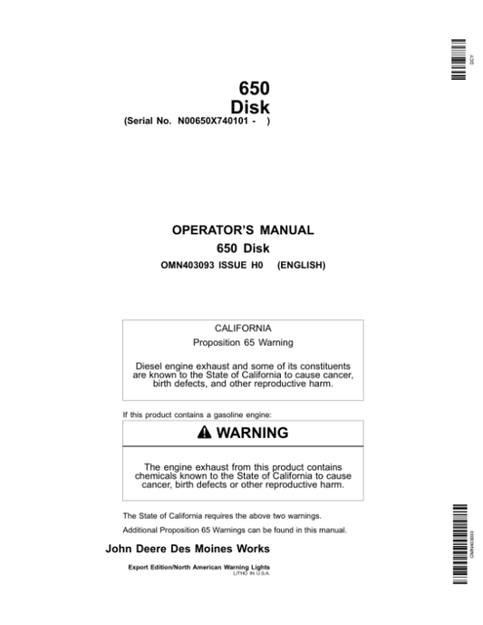 John Deere 650 Tandem Flex-Fold Disk Operator’s Manual (OMN403093) Workshop Guide