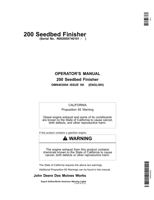 John Deere 200 Seedbed Finisher (740101-) Operator’s Manual (OMN403094) Workshop Guide