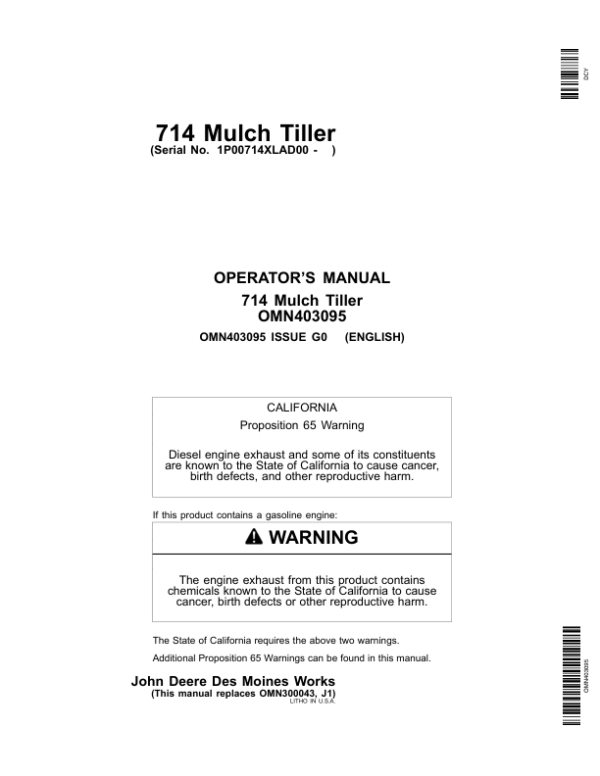 John Deere 714 Mulch Tillers Operator’s Manual (OMN403095) Workshop Guide