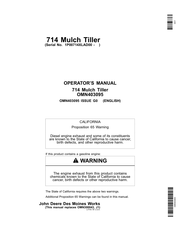 John Deere 714 Mulch Tillers Operator’s Manual (OMN403095) Workshop Guide