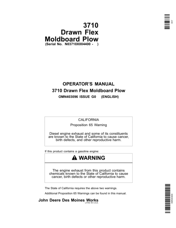 John Deere 3710 Drawn FlexMoldboard (004400-) Operator’s Manual (OMN403096) Workshop Guide