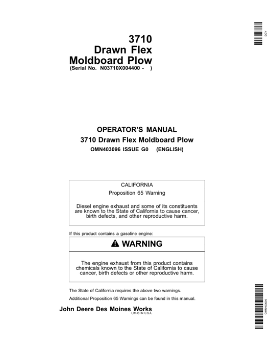 John Deere 3710 Drawn FlexMoldboard (004400-) Operator’s Manual (OMN403096) Workshop Guide