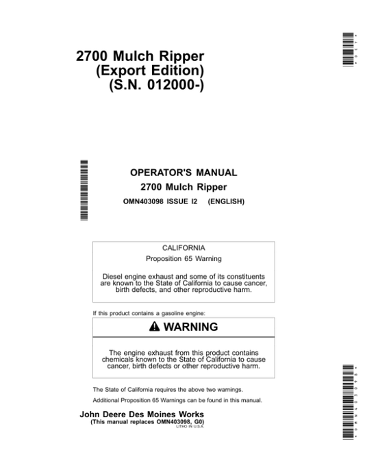 John Deere 2700 Mulch Ripper (012000-) Operator’s Manual (OMN403098) Workshop Guide