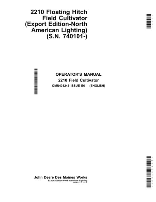 John Deere 2210 Floating-Hitch Field Cultivator (Export Edition) Operator’s Manual (OMN403243) Workshop Guide
