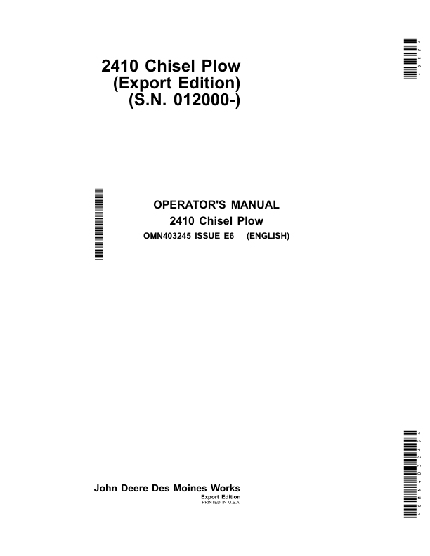 John Deere 2410 Chisel Plows (Export Edition) Operator’s Manual (OMN403245) Workshop Guide