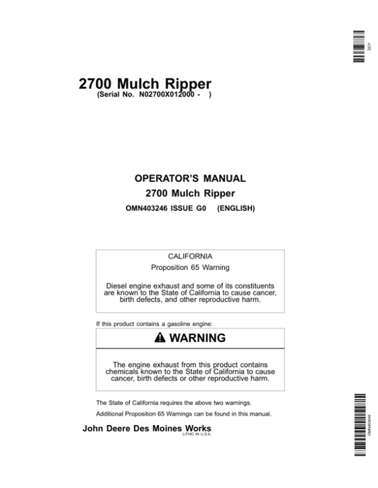 John Deere 2700 Mulch Ripper Operator’s Manual (OMN403246) Workshop Guide