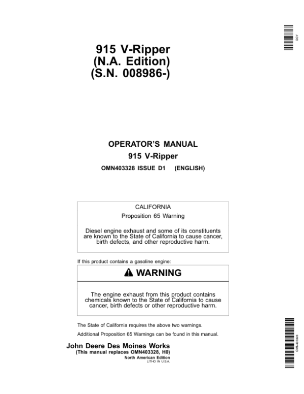 John Deere 915 V-Rippers (Mfg in USA) Operator’s Manual (OMN403328) Workshop Guide