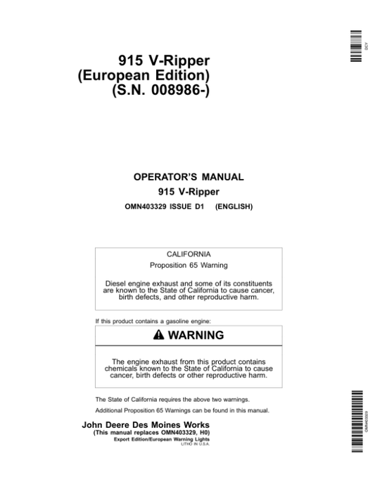 John Deere 915 V-Rippers (Mfg in USA) Operator’s Manual (OMN403329) Workshop Guide