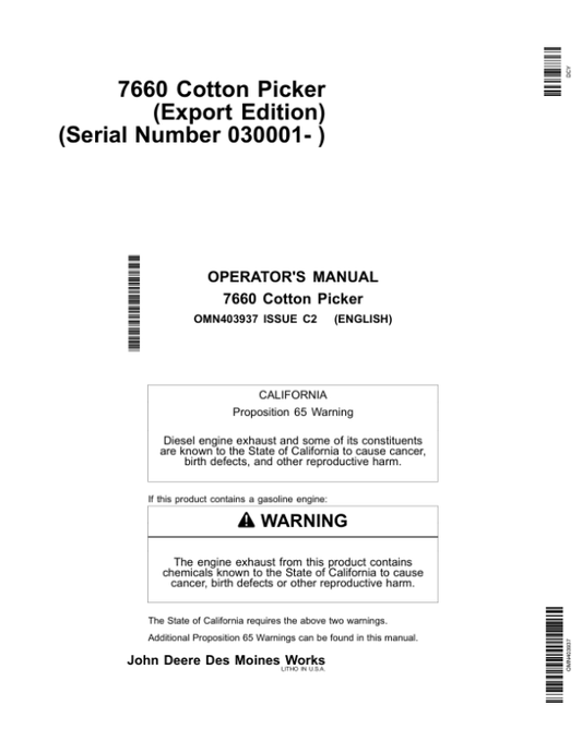 John Deere 7660 Cotton Pickers Operator’s Manual (OMN403937) Workshop Guide