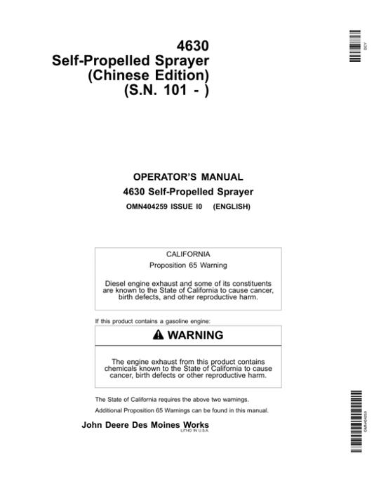 John Deere 4630 Self-Propelled Sprayer Export Edition (000101-018000) Operator’s Manual (OMN404259) Workshop Guide