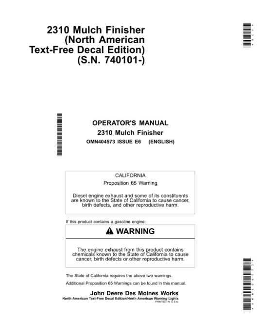 John Deere 2310 Mulch Finishers North American Warning Lights (Asian Edition w/North American Configuration) Operator’s Manual (OMN404573) Workshop Guide
