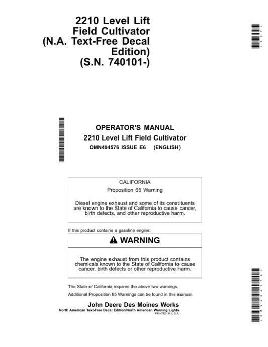 John Deere 2210 Level-Lift Field Cultivators North American Warning Lights (North American Edtion) Operator’s Manual (OMN404576) Workshop Guide