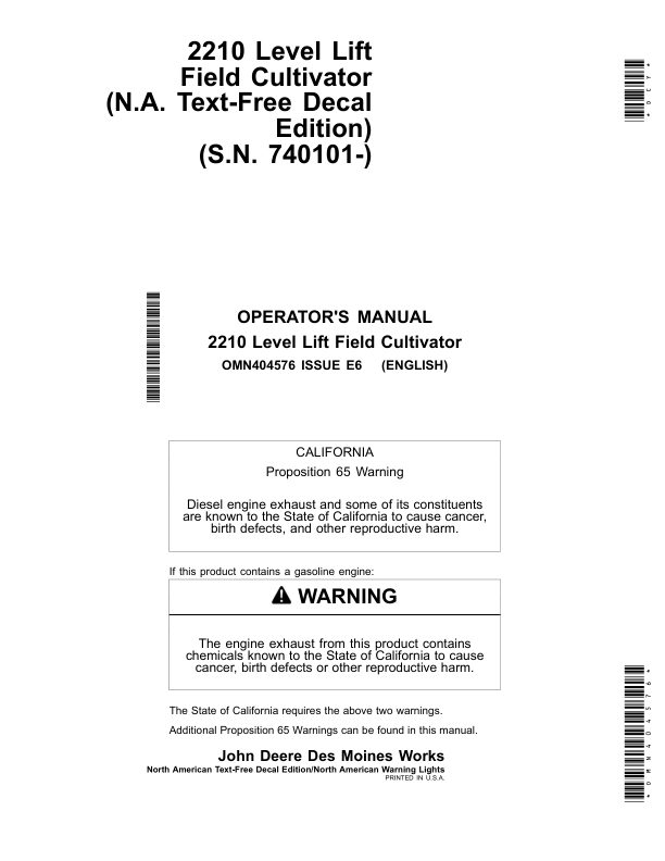 John Deere 2210 Level-Lift Field Cultivators North American Warning Lights (North American Edtion) Operator’s Manual (OMN404576) Workshop Guide