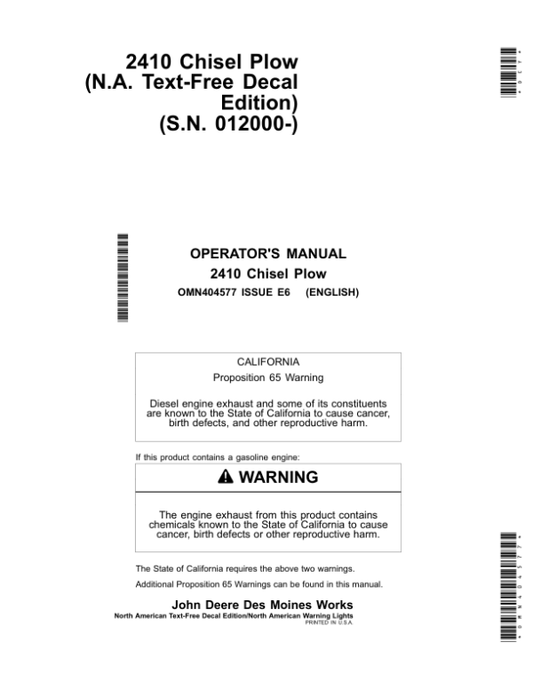 John Deere 2410 Chisel Plows North American Warning Lights (North American) Operator’s Manual (OMN404577) Workshop Guide