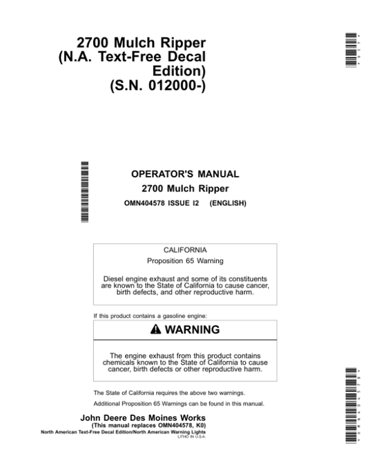 John Deere 2700 Mulch Ripper Operator’s Manual (OMN404578) Workshop Guide