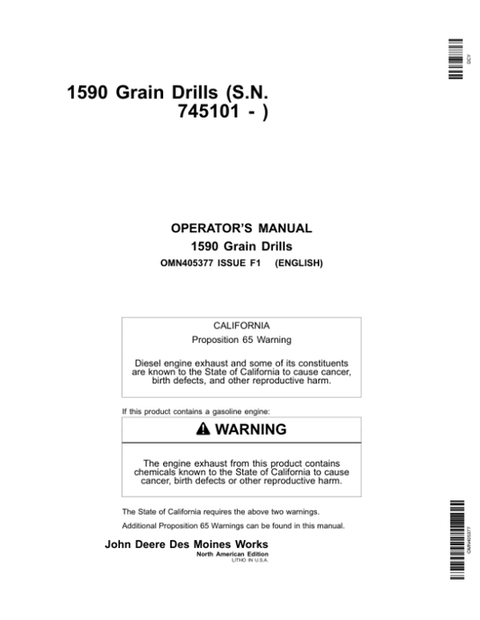 John Deere 1590 Grain Drills Operator’s Manual (OMN405377) Workshop Guide