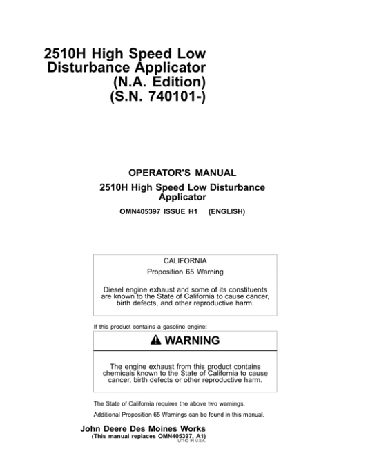 John Deere 2510H High-Speed Applicators (Low-Disturbance) North America (740101-745100) Operator’s Manual (OMN405397) Workshop Guide