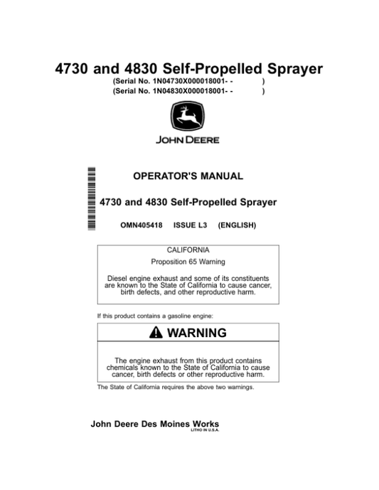 John Deere 4730 & 4830 Self-Propelled Sprayer North America (018001-023000) Operator’s Manual (OMN405418) Workshop Guide