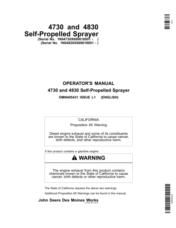 John Deere 4730 & 4830 Self-Propelled Sprayer Export Edition (018001-023000) Operator’s Manual (OMN405431) Workshop Guide