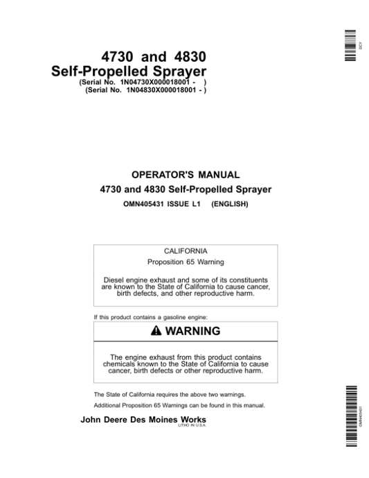 John Deere 4730 & 4830 Self-Propelled Sprayer Export Edition (018001-023000) Operator’s Manual (OMN405431) Workshop Guide