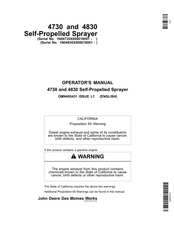 John Deere 4730 & 4830 Self-Propelled Sprayer Export Edition (018001-023000) Operator’s Manual (OMN405431) Workshop Guide