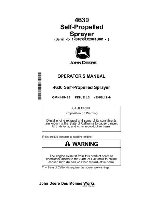 John Deere 4630 Self-Propelled Sprayers North America (018001-023000) Operator’s Manual (OMN405435) Workshop Guide