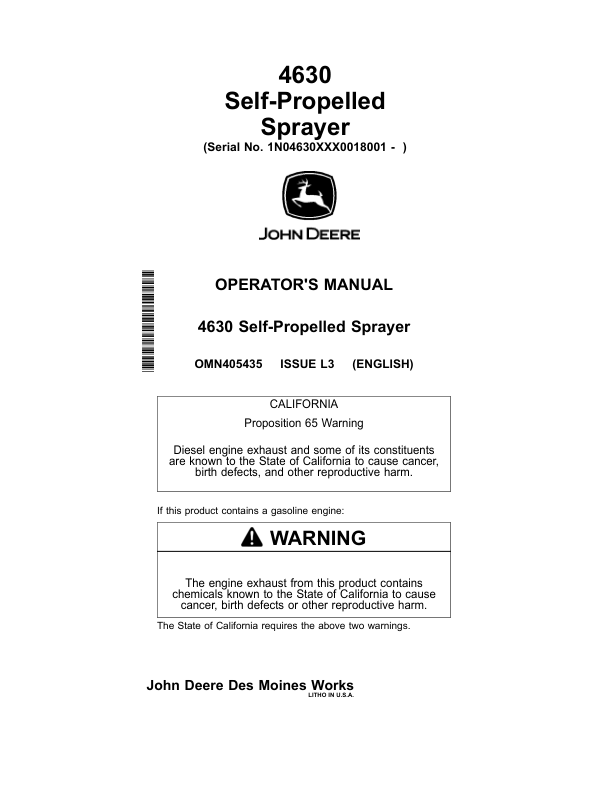 John Deere 4630 Self-Propelled Sprayers North America (018001-023000) Operator’s Manual (OMN405435) Workshop Guide