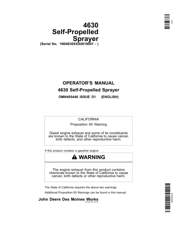 John Deere 4630 Self-Propelled Sprayers Export Edition (018001-023000) Operator’s Manual (OMN405446) Workshop Guide