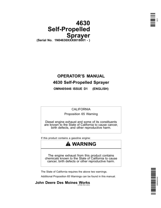 John Deere 4630 Self-Propelled Sprayers Export Edition (018001-023000) Operator’s Manual (OMN405446) Workshop Guide