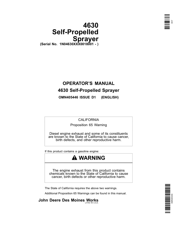 John Deere 4630 Self-Propelled Sprayers Export Edition (018001-023000) Operator’s Manual (OMN405446) Workshop Guide