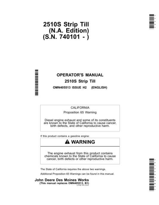 John Deere 2510S Strip Till Applicator Operator’s Manual (OMN405513) Workshop Guide