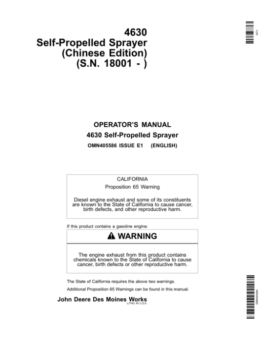 John Deere 4630 Self-Propelled Sprayers Chinese Edition (018001-023000) Operator’s Manual (OMN405586) Workshop Guide