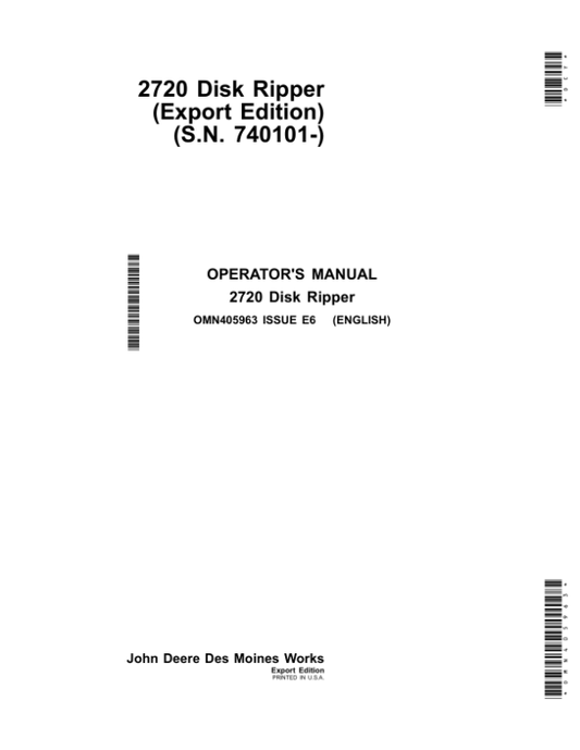 John Deere 2720 Disk Rippers (Export Edition) Operator’s Manual (OMN405963) Workshop Guide