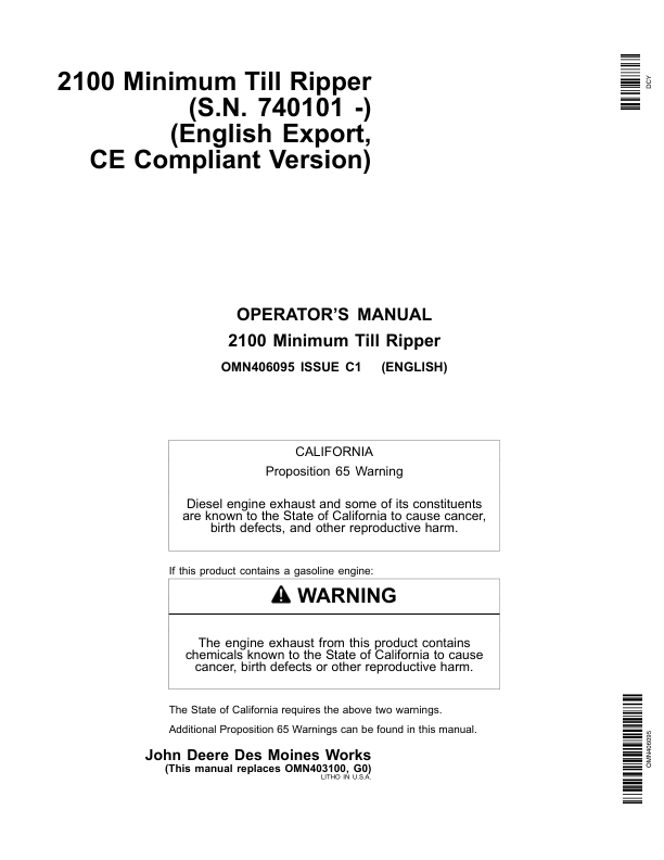 John Deere 2100 Minimum Till Ripper Export Edition – CE Compliant Version (740101- ) Operator’s Manual (OMN406095) Workshop Guide