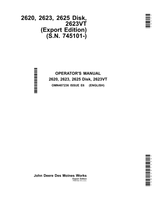 John Deere 2620, 2623, 2625, 2623VT Disks Operator’s Manual (OMN407236) Workshop Guide