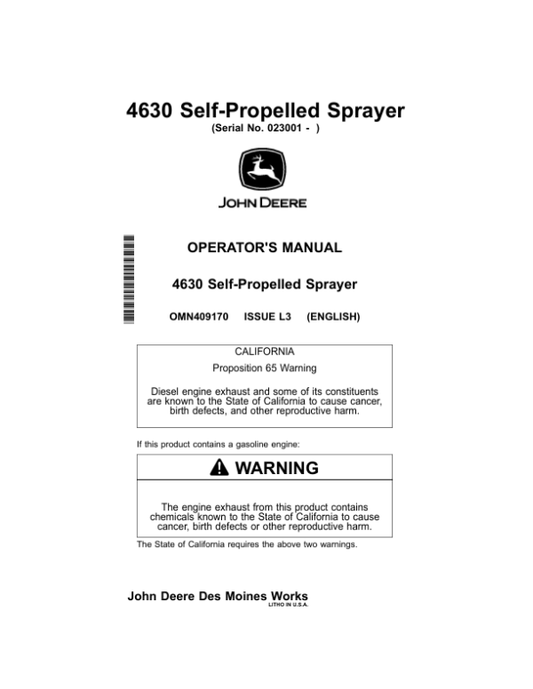 John Deere 4630 Self-Propelled Sprayers Export Edition (023001-028000) Operator’s Manual (OMN409170) Workshop Guide