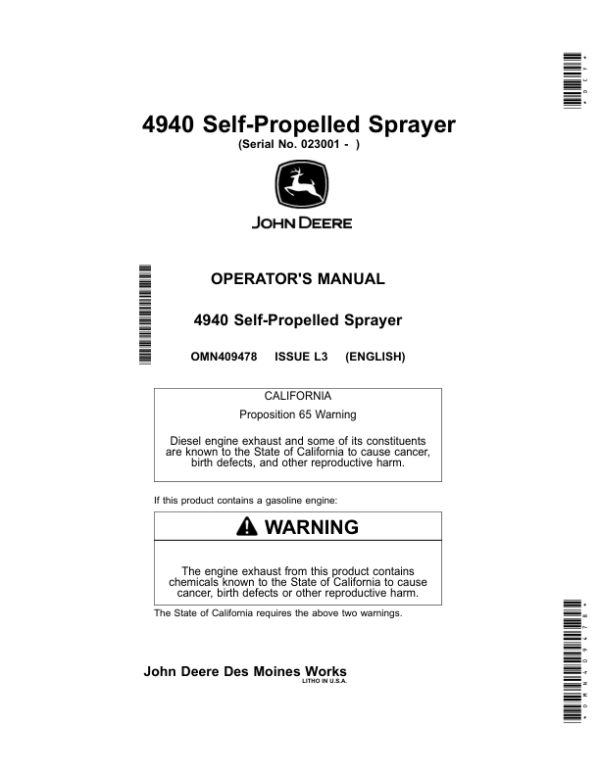 John Deere 4940 Self-Propelled Sprayer (023001-028000) Operator’s Manual (OMN409478) Workshop Guide