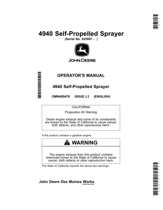 John Deere 4940 Self-Propelled Sprayer (023001-028000) Operator’s Manual (OMN409478) Workshop Guide
