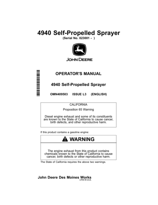 John Deere 4940 Self-Propelled Sprayer (023001-) Operator’s Manual (OMN409503) Workshop Guide
