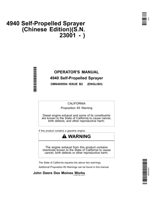 John Deere 4940 Self-Propelled Sprayer (023001-) Operator’s Manual (OMN409594) Workshop Guide
