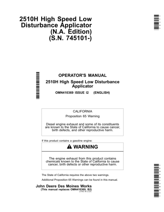 John Deere 2510H High-Speed Applicators (Low-Disturbance) North America (745101-760100) Operator’s Manual (OMN410369) Workshop Guide