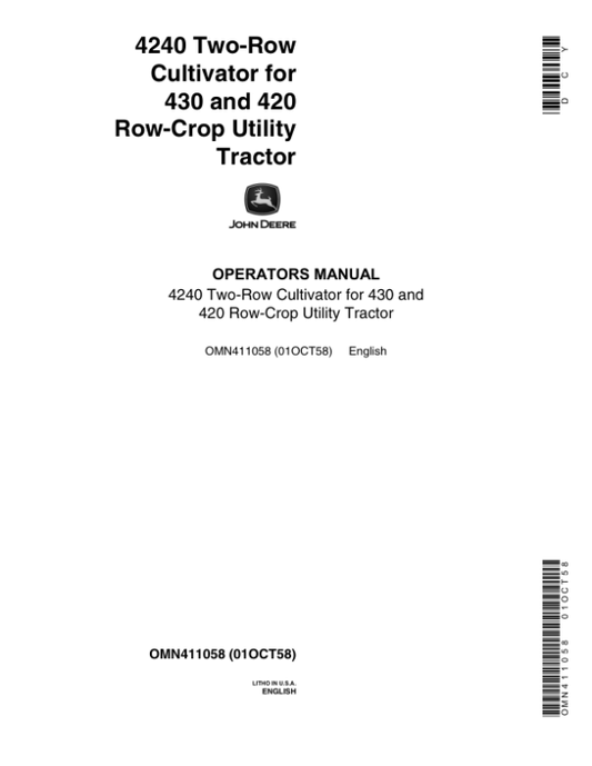 John Deere 4240 Two-Row Cultivator Operator’s Manual (OMN411058) Workshop Guide