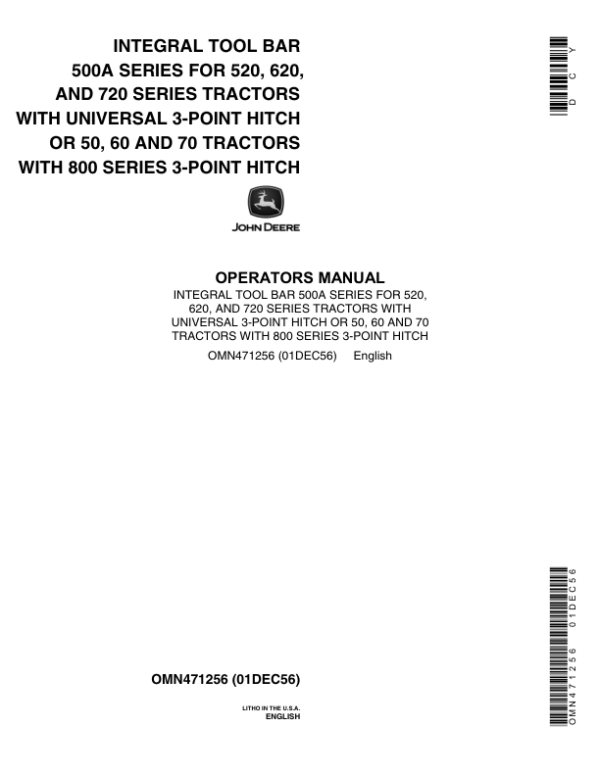 John Deere Integral Toolbar 500A Series Operator’s Manual (OMN471256) Workshop Guide