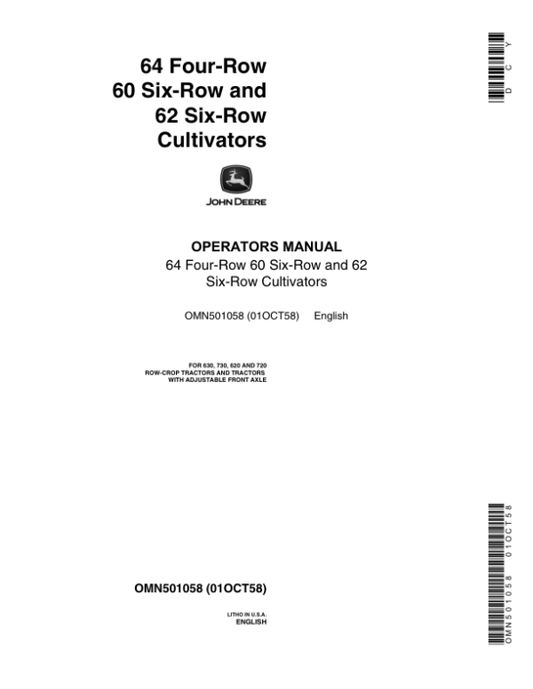 John Deere 64 Four-Row, 60 Six-Row, 62 Six-Row Cultivators Operator’s Manual (OMN501058) Workshop Guide